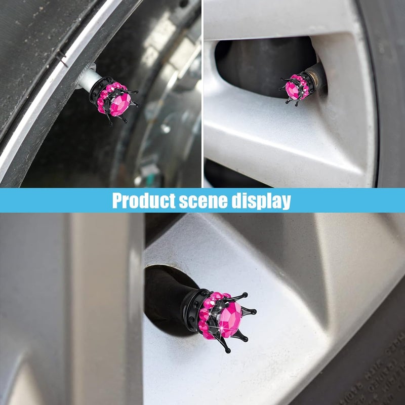 smilfuy 4PCS Crown Tire Valve Stem Caps, Bling Handmade Crystal Rhinestone Car Wheel Tire Valve Caps Covers Chrome, Attractive Dustproof Bling Car Accessories, Universal for Car SUV Truck (Rose Red) - Image 5